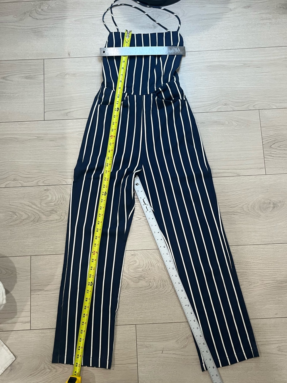 Reformation Striped Navy Blue Jumpsuit with White Pinstripes women’s size 2 - Picture 5 of 10